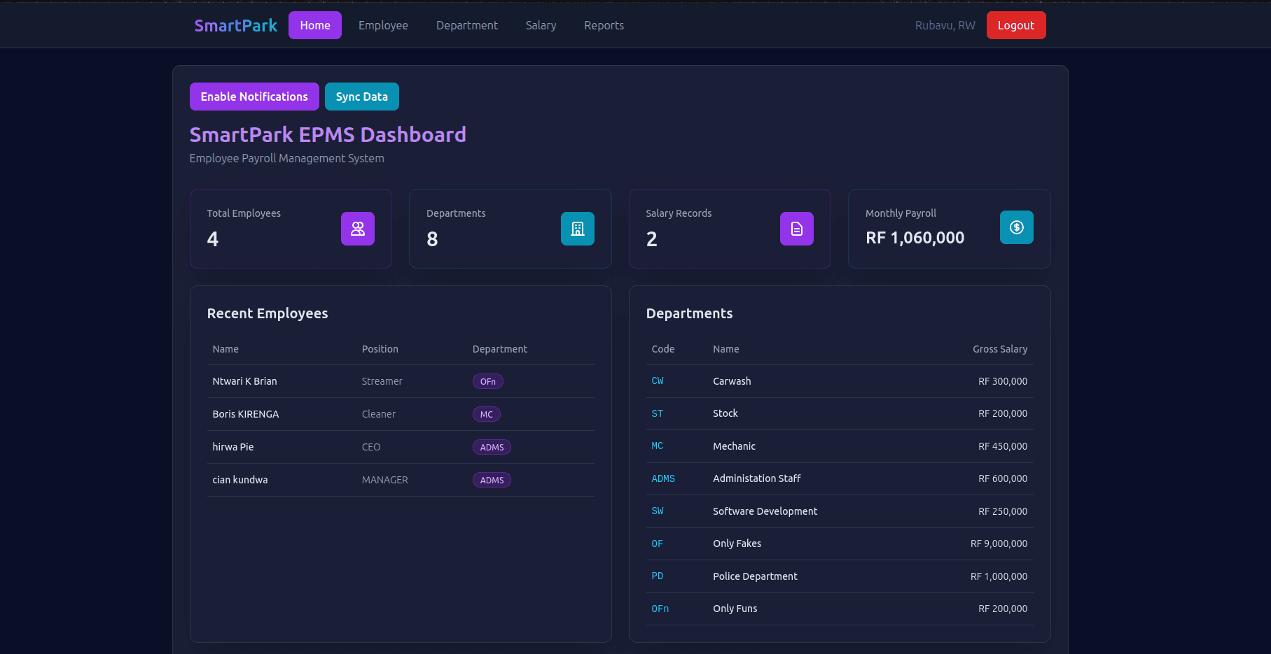 SmartPark Employee Payroll Management System